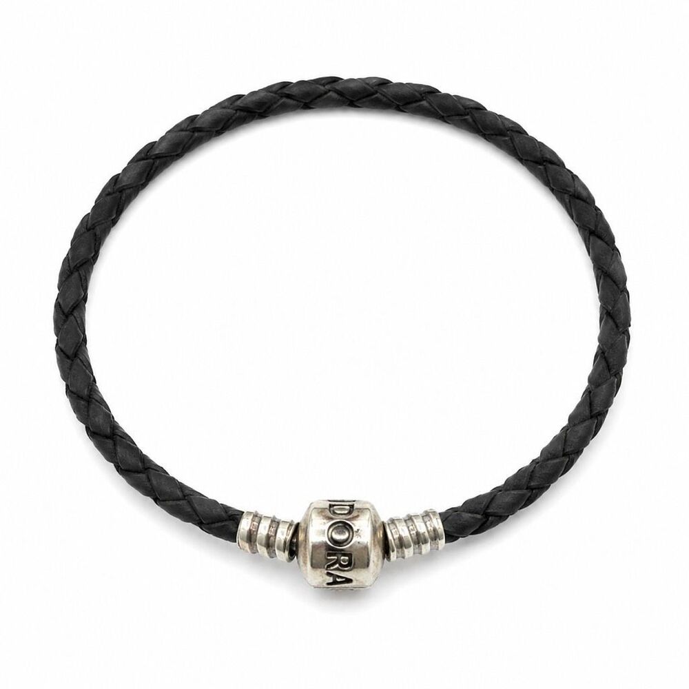 Pandora Black Braided Leather Bracelet Sterling Silver Barrel Clasp 7” Original